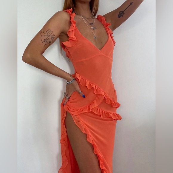 HOUSE OF CB 'Pixie' Flame Orange Ruffle Maxi Dress NWOT - Picture 5 of 16